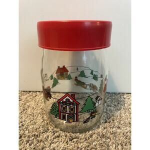 Vintage Carlton Glass Christmas Cookie Jar Red Lid Holiday Village 1980s 6.5"